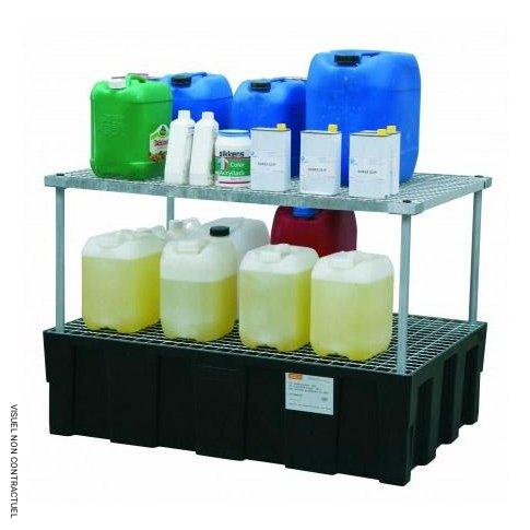 Rayonnage EURO-PE 2 niveaux – Rétention 224 L, charge 100 kg/niveau – Pour huiles, fioul, gasoil, produits chimiques – CEMO 1