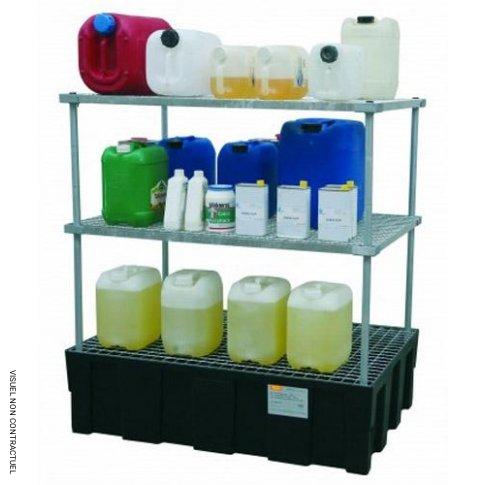 Rayonnage d&rsquo;atelier EURO-PE 3 niveaux – Pour huiles, fioul, gasoil, produits chimiques – CEMO – Bac PE rétention 224 L – Charge max 100 kg/niveau 1