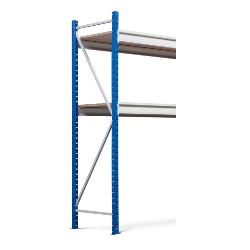 Rayonnage industriel mi-lourd polyvalent – Hauteur 3000 mm – 2 niveaux – Charge 850 kg par niveau – Plateaux agglomérés 4