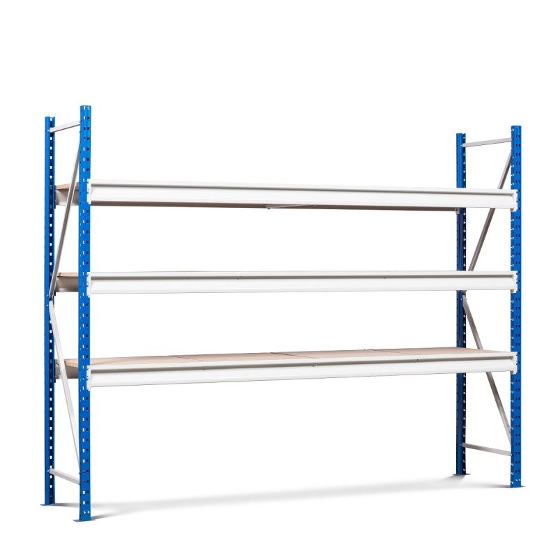 Rayonnage industriel mi-lourd polyvalent – Hauteur 3500 mm – 3 niveaux – Charge 850 kg/niveau – Plateaux agglomérés 2