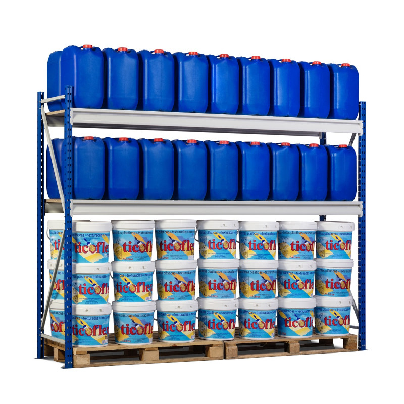 Rayonnage industriel mi-lourd polyvalent – Hauteur 3500 mm – 3 niveaux – Charge 850 kg/niveau – Plateaux agglomérés 1