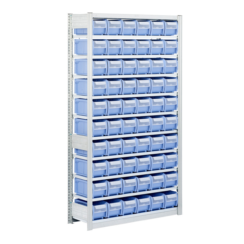 Rayonnage Kanban avec bacs – 60 bacs simple face, 10 niveaux, 1850 mm, charge 150 kg/niveau, 1250 kg/travée 1