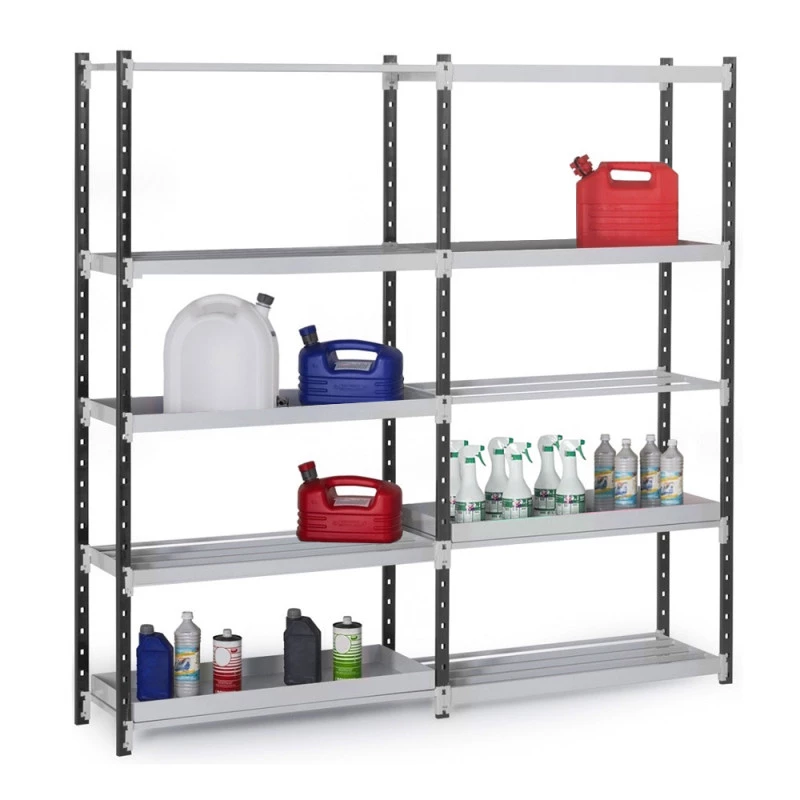 Rayonnage léger de rétention acier avec caillebotis – 5 niveaux, hauteur 2 m, capacité 17 à 25 L par étagère 1