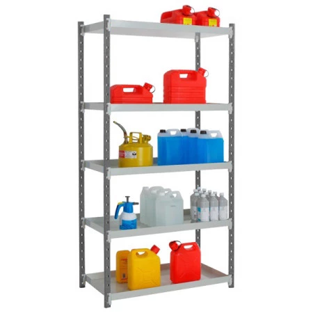 Rayonnage léger de rétention acier sans caillebotis – 5 étagères, hauteur 2 m, charge 70 kg/niveau, capacité 18 à 27,5 L/étagère 1