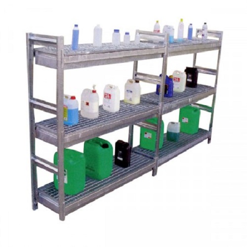 Rayonnage lourd de rétention acier galvanisé – 3 niveaux, capacité 300 L, charge 320 kg/niveau 2