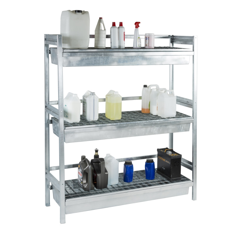 Rayonnage lourd de rétention acier galvanisé – 3 niveaux, capacité 300 L, charge 320 kg/niveau 1