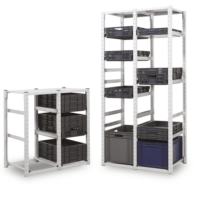 Rayonnage porte-bacs norme Europe – acier, rails réglables 25 mm, bacs 600×400 ou 400×300 mm, hauteur 1000 ou 2000 mm 1