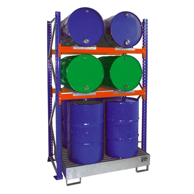 Rayonnage de rétention BAUER pour fûts de 200 L couchés et debout – Bac acier 200 L – Réf. 202.2510.03 1