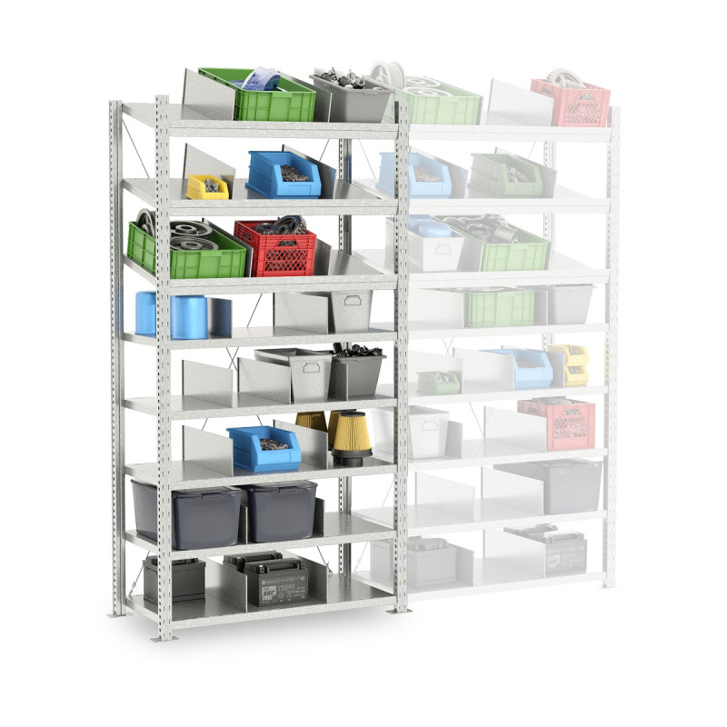 Rayonnage pour pièces détachées – 8 niveaux dont 3 inclinés – Hauteur 2000 mm – Stockage léger – Fabriqué en France - Image 2