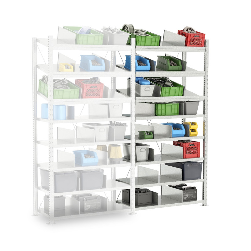 Rayonnage pour pièces détachées – 8 niveaux dont 3 inclinés – Hauteur 2000 mm – Stockage léger – Fabriqué en France - Image 3