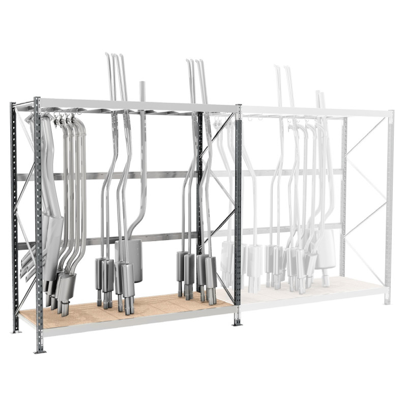 Rayonnage pour stocker les pièces d&rsquo;échappement – 2 niveaux, 800 mm de profondeur, 2000 mm de hauteur, 2100 mm de long, fabriqué en France 2