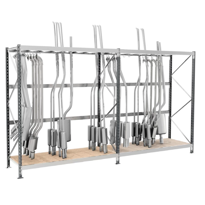 Rayonnage pour stocker les pièces d&rsquo;échappement – 2 niveaux, 800 mm de profondeur, 2000 mm de hauteur, 2100 mm de long, fabriqué en France 1