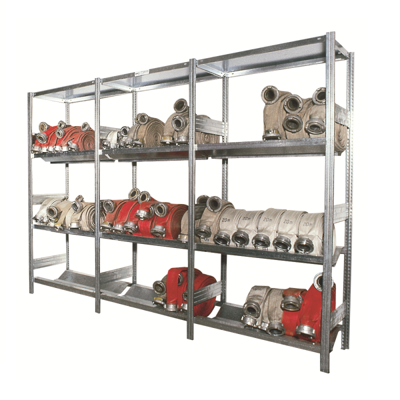 Rayonnage pour tuyaux – Rack spécial rangement de tuyaux de pompiers – Hauteur 2200 mm (3 niveaux) ou 2500 mm (4 niveaux) – Montage sans vis ni boulons 2