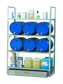 Rayonnage rétention 150 l pour stockage de 6 fûts de 60 l horizontaux 1/1 + plan de pose – 1320x800x1300 mm 1