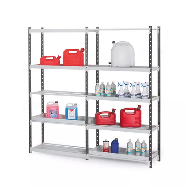 Rayonnage de rétention 5 niveaux – Bac de rétention 17 litres par niveau – Stockage liquides polluants 1