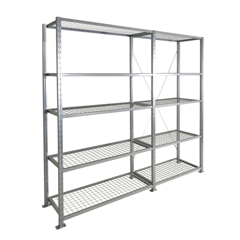 Rayonnage spécial sprinkler – Rayonnage d&rsquo;atelier léger 2000 mm, 5 niveaux, 200 kg/niveau, tablettes grillagées 2