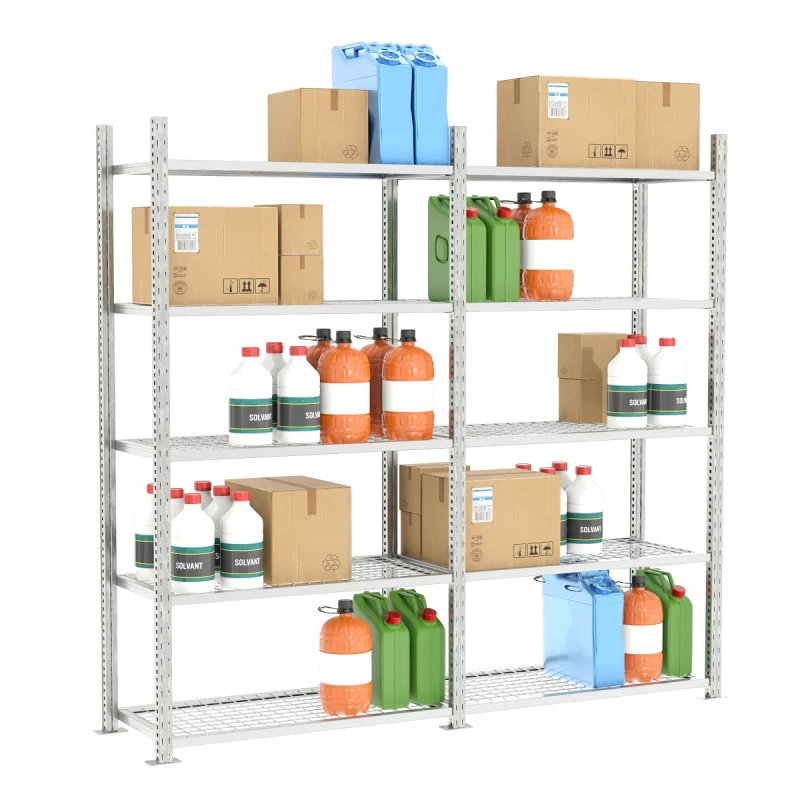 Rayonnage spécial sprinkler – Rayonnage d&rsquo;atelier léger 2000 mm, 5 niveaux, 200 kg/niveau, tablettes grillagées 1