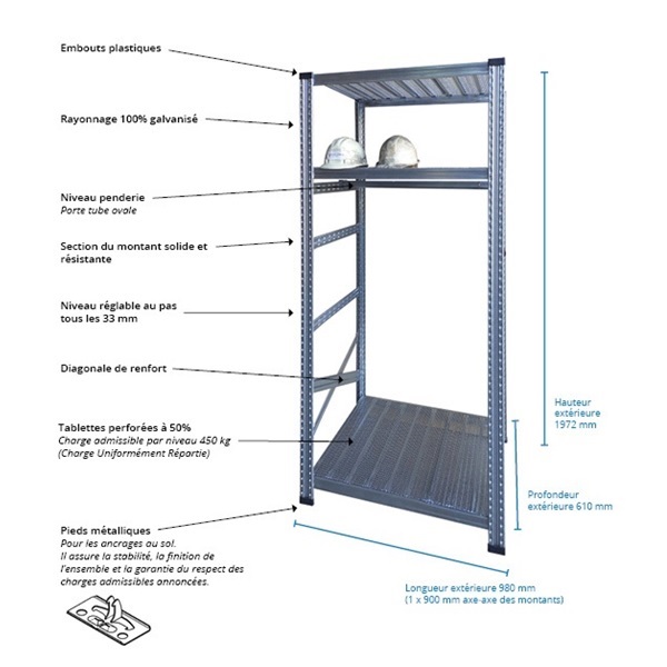 Rayonnage vestiaire professionnel – 3 niveaux tablettes et 1 penderie – Acier galvanisé – 1972 mm – 450 kg/niveau 4