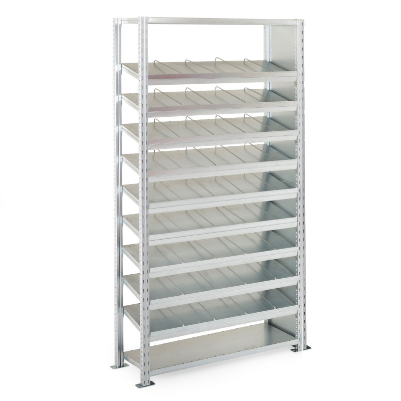 Rayonnage visserie à distribution dynamique – Hauteur 2000 mm – 9 tablettes inclinées – Charge 150 kg/niveau 3