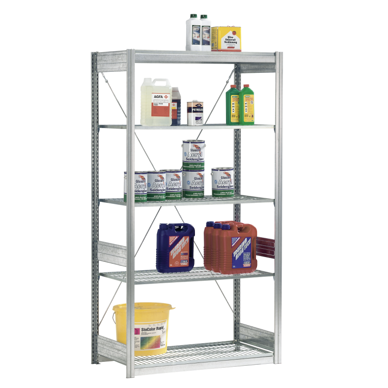 Rayonnage à panneaux grillagés – Hauteur 2000 ou 2500 mm – Charge 100 kg/niveau – Réglable au pas de 25 mm 1