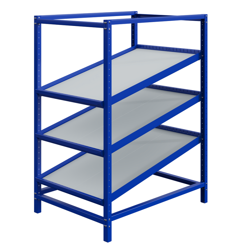 Stockeur dynamique fixe à fond tôlé – Rayonnage dynamique inclinable 0-12° – 3 niveaux – Charge 100 kg/niveau – Largeur 975 ou 1410 mm 1