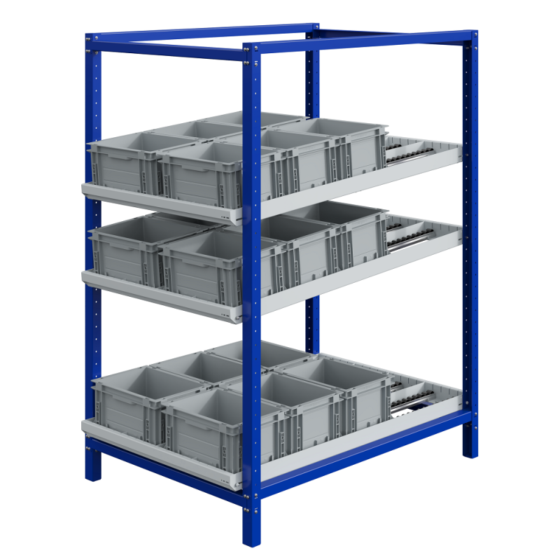 Stockeur dynamique fixe à galets – Rayonnage dynamique incliné de 0 à 12° – Charge 100 kg par niveau 1