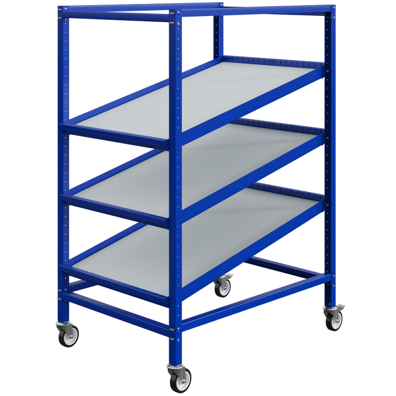 Stockeur dynamique mobile à fond tôlé – Rayonnage dynamique incliné sur roulettes, 3 niveaux, charge 100 kg/niveau 1