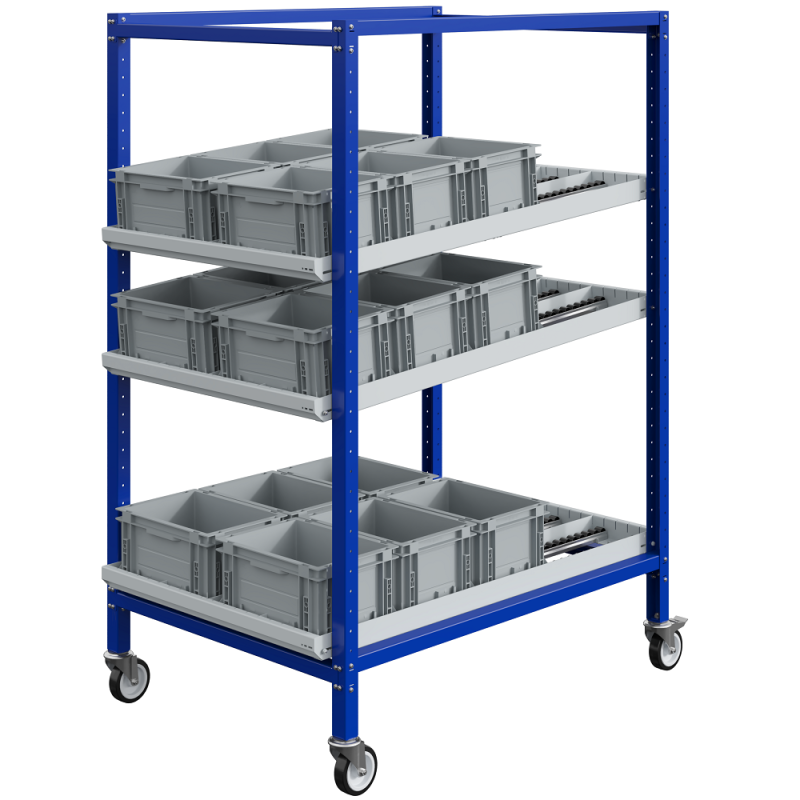 Stockeur dynamique mobile à galets – Rayonnage dynamique incliné sur roulettes – Charge 100 kg par niveau 1