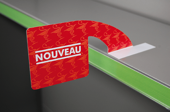 STOP RAYON « NOUVEAU » ROUGE – 6 modèles – PLV stop rayon Tablette de linéaire 1