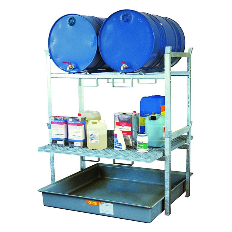 Rayonnage 2 fûts 220 litres avec bac de rétention et caillebotis – Réf. 7673F – Stockage industriel 1