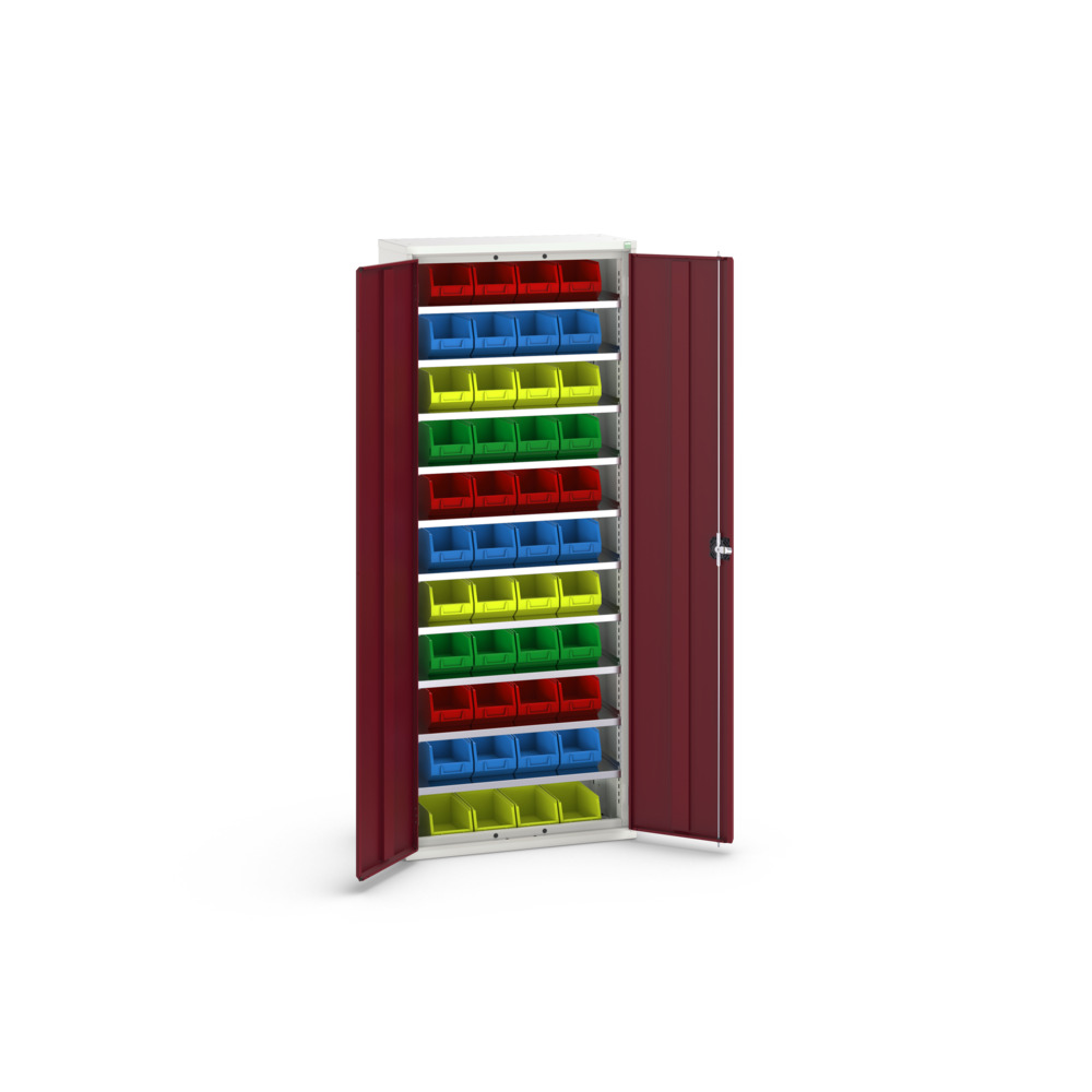 Armoire à bacs verso – 10 tablettes, 44 bacs – 800x350x2000 mm – RAL 7035 / RAL 3004 2