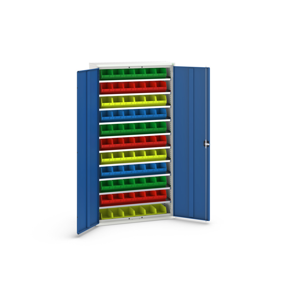 Armoire à bacs verso – 10 tablettes et 66 bacs N°3 – LxPxH: 1050x350x2000 mm – RAL 7035/5010 2
