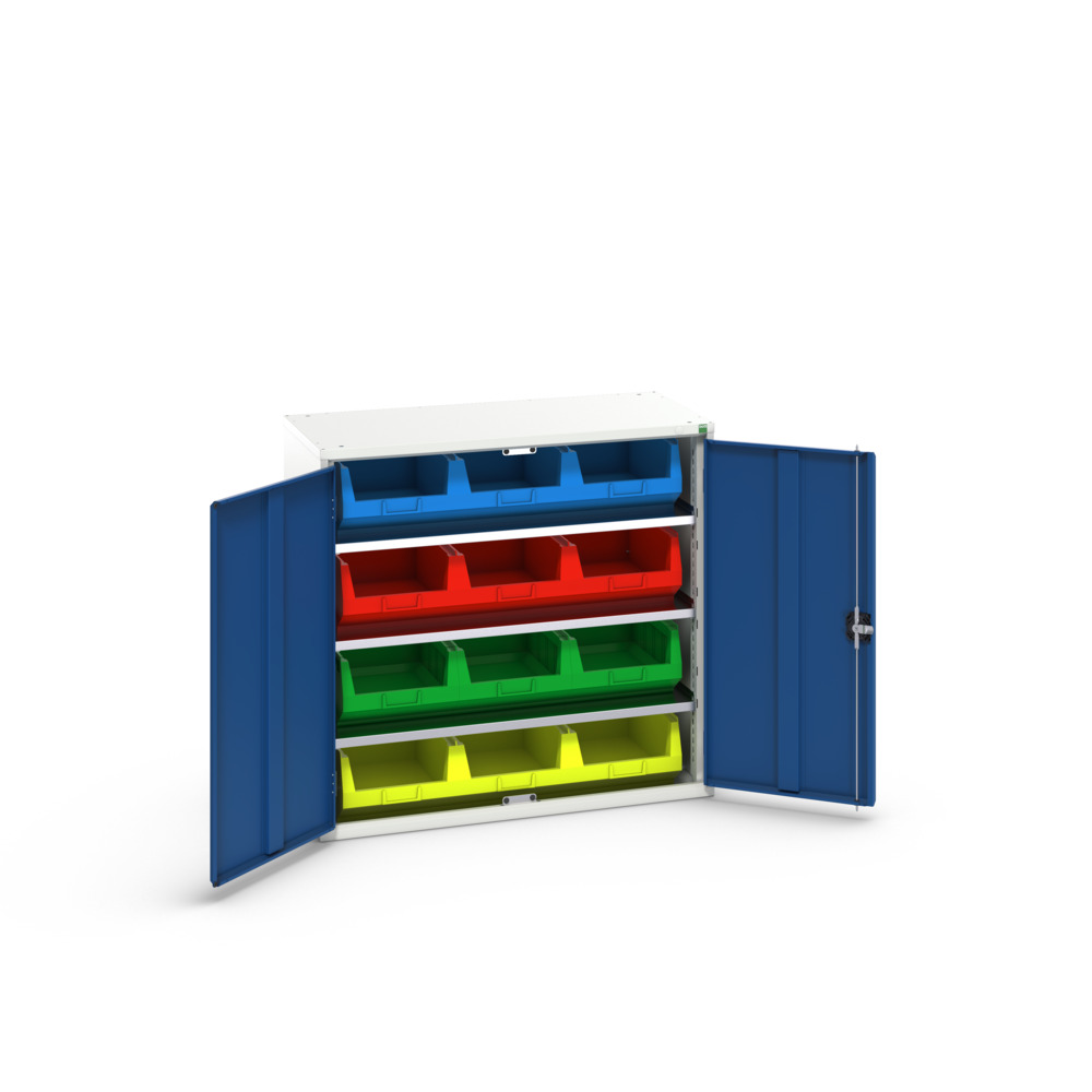 Armoire à bacs verso – 3 tablettes, 12 bacs – LxPxH: 1050x550x1000 mm – RAL 7035 / RAL 5010 2
