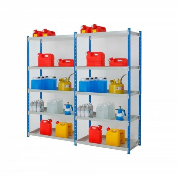 Rayonnage léger gris et bleu pour produits dangereux – 600mm de profondeur, 5 étagères avec bac de rétention de 27,5 litres 2