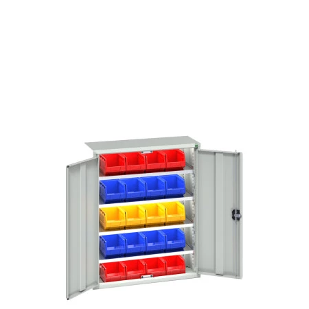 Armoire à bacs VERSO – Hauteur 1000 mm, largeur 800/1050 mm, profondeur 350/550 mm, avec 8 à 30 bacs et 3 ou 4 tablettes 3