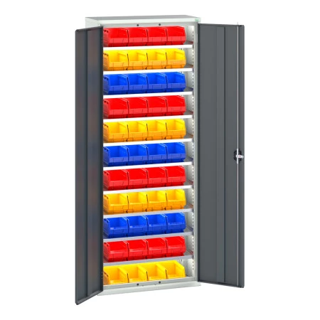 Armoire à bacs VERSO – Hauteur 2000 mm – Largeur 800/1050 mm – Profondeur 350/550 mm – 14 à 66 bacs – 6 ou 10 tablettes 1