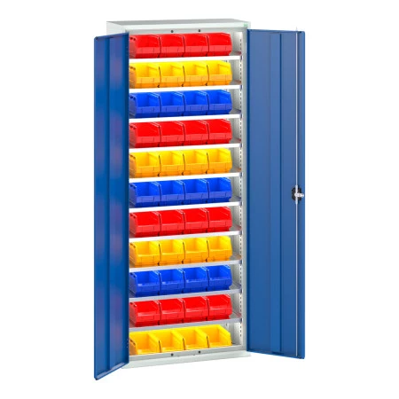 Armoire à bacs VERSO – Hauteur 2000 mm – Largeur 800/1050 mm – Profondeur 350/550 mm – 14 à 66 bacs – 6 ou 10 tablettes 2