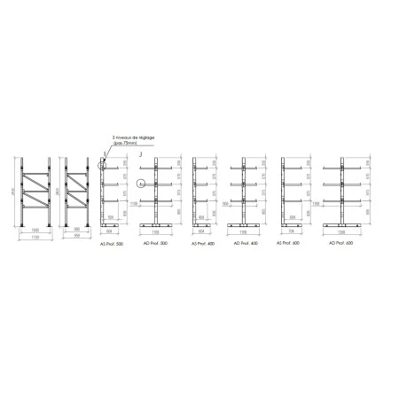 Cantilever mi-lourd First – Rayonnage simple ou double face – Hauteur 2400 mm – Bras 400/500/600 mm – 4 niveaux 3