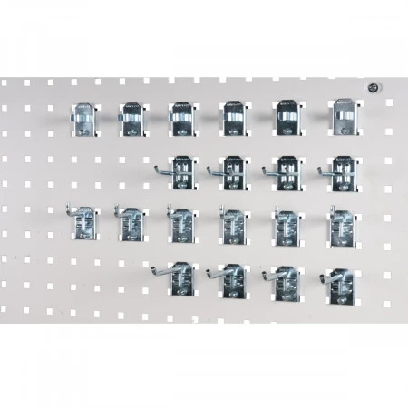 Lot de 20 crochets pour panneaux perforés – Réf. 19.2804.01 – 4 crochets 100 mm, 6 crochets 50 mm, 7 pinces à ressort, 4 crochets double 1