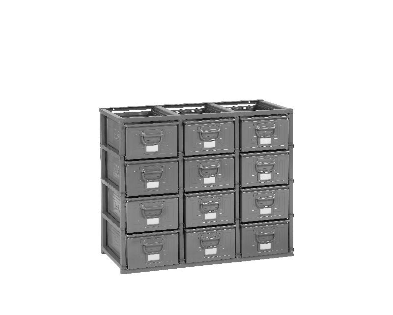Rack de rangement 12 postes avec caisses métalliques vernies 27 litres – 2702727 1