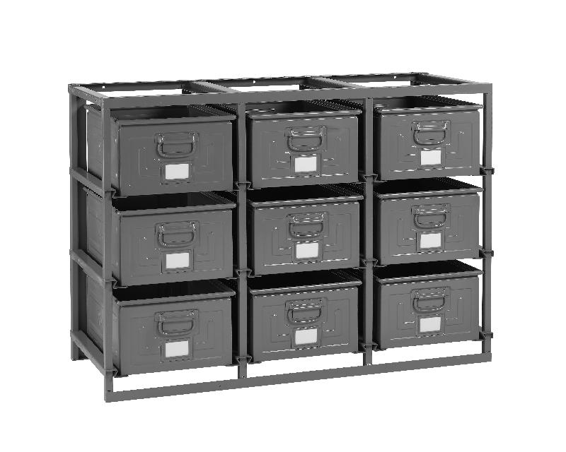 Rack de rangement 9 postes avec caisses métalliques vernies 85 litres – 2702766 1