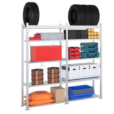 Rayonnage de garage mixte hybride – 5 niveaux dont 1 pour pneus – Hauteur 2000 mm – Charge 150 kg/niveau 1
