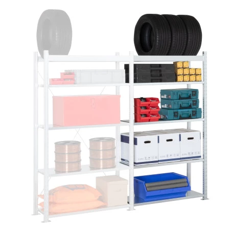 Rayonnage de garage mixte hybride – 5 niveaux dont 1 pour pneus – Hauteur 2000 mm – Charge 150 kg/niveau 2