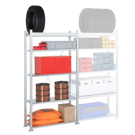 Rayonnage de garage mixte hybride – 5 niveaux dont 1 pour pneus – Hauteur 2000 mm – Charge 150 kg/niveau 3