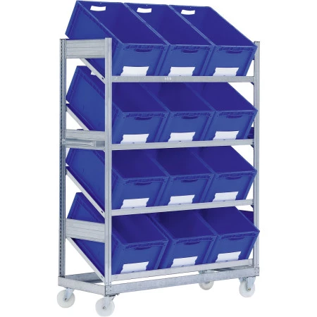 Rayonnage mobile à tablettes inclinées de 30° – 4 niveaux – avec ou sans 12 bacs de 51 l – Réf. 202.4020.01/02 1