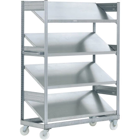 Rayonnage mobile à tablettes inclinées de 30° – 4 niveaux – avec ou sans 12 bacs de 51 l – Réf. 202.4020.01/02 2