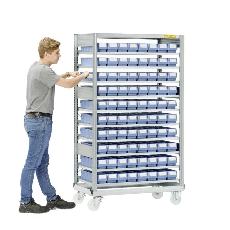 Rack mobile avec bacs de rangement – Rayonnage à roulettes avec 40 ou 80 bacs galvanisés – Charge 70 kg/niveau 1