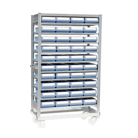Rack mobile avec bacs de rangement – Rayonnage à roulettes avec 40 ou 80 bacs galvanisés – Charge 70 kg/niveau 3