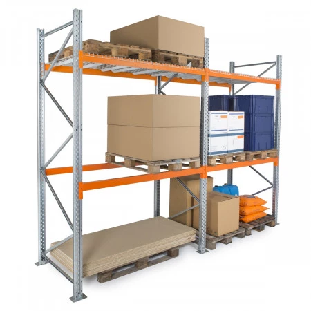 Rayonnage à palettes H3000 – Palettier 2 niveaux – Charge max 3200 kg – Hauteur 3 m – Lisses oranges 1