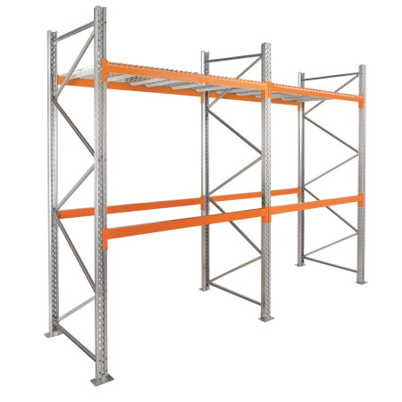 Rayonnage à palettes H3000 – Palettier 2 niveaux – Charge max 3200 kg – Hauteur 3 m – Lisses oranges 3